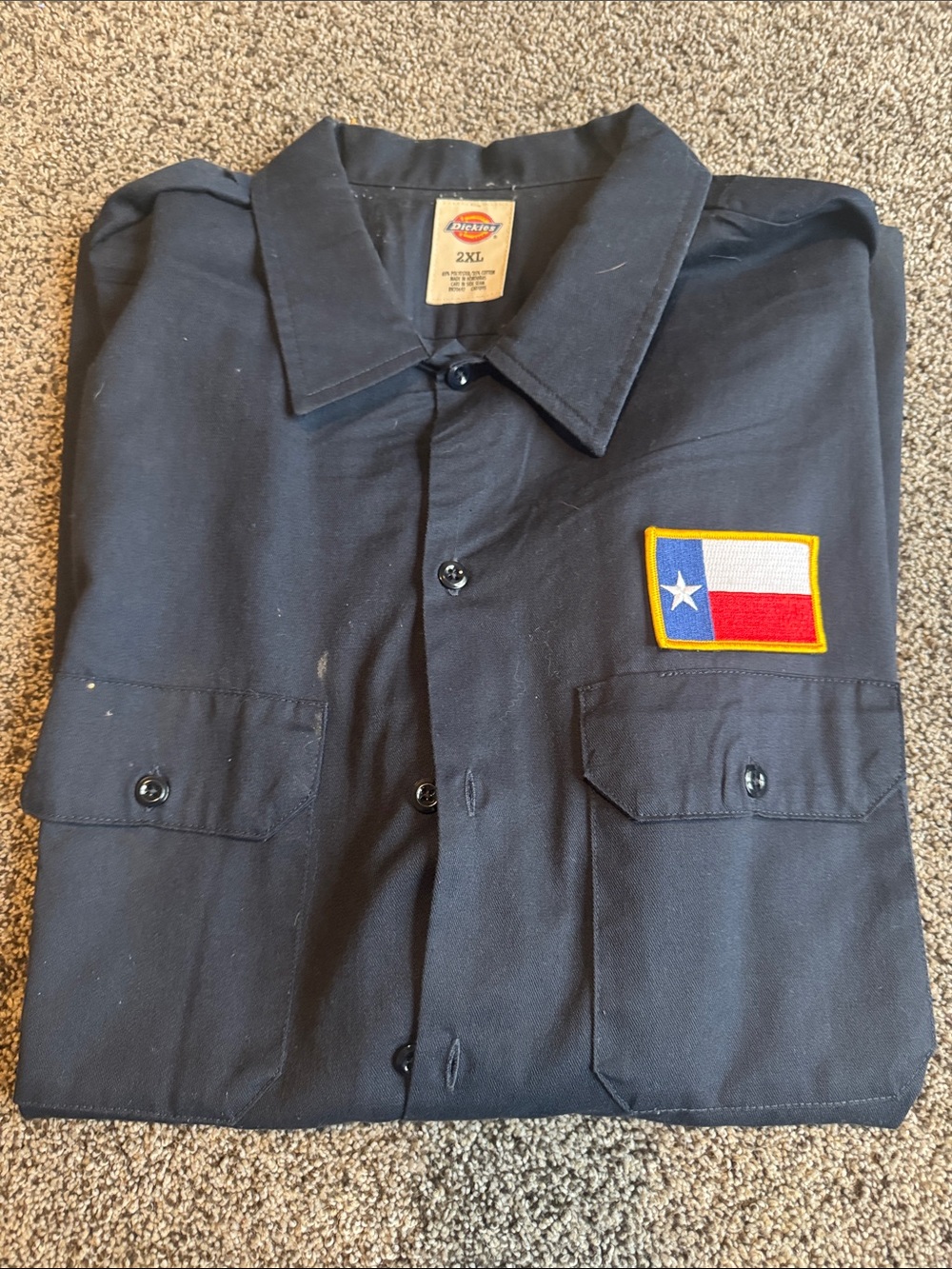 Dickies Navy Men's Button-Front Work Shirt with Texas Flag Patch-2XL